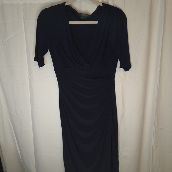 Lauren Ralph Lauren Women's Midnight Blue Midi Ruching 1/2 Sleeve Dress Size 6 - Picture 2 of 10